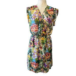Bar III Dress Large 8 10 12 Green Purple Blue Floral Short Sleeve Sheer Washable